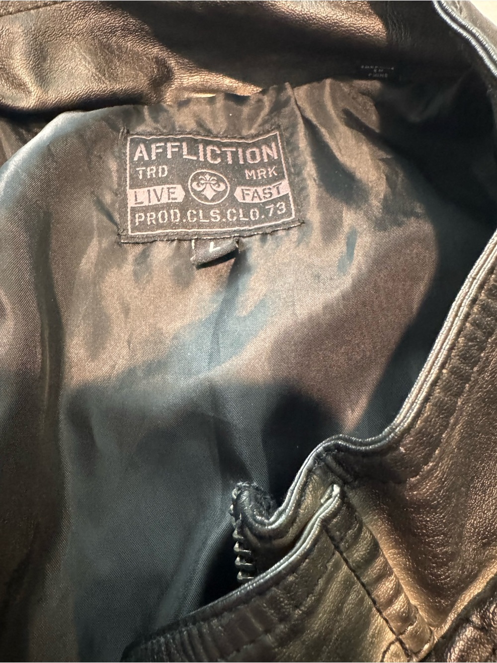 Affliction Black Leather Bomber Jacket with Red Patch Accents - Picture 2 of 3